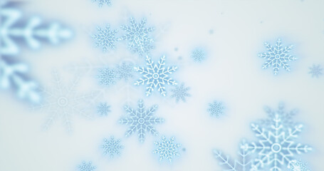 Naklejka na ściany i meble Christmas festive bright New Year background of blue glowing winter beautiful falling flying snowflakes patterns on white background