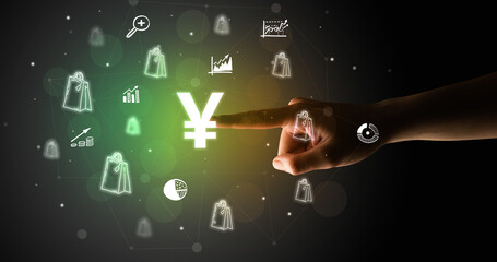 Businessman finger touching on screen multimedia interface with hand drawn currency icons