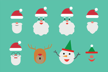 Christmas photo booth collection. Santa Claus various red hat set, moustache, beard, Elf, Deer horn. Xmas clip art. Holiday winter party concept. Isolated.