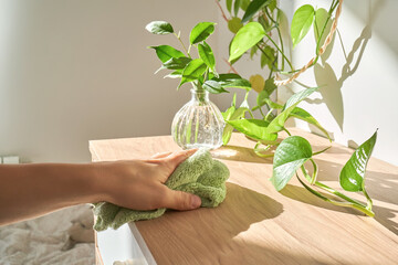A woman's hand wipes the chest of drawers with a soft plush green rag.