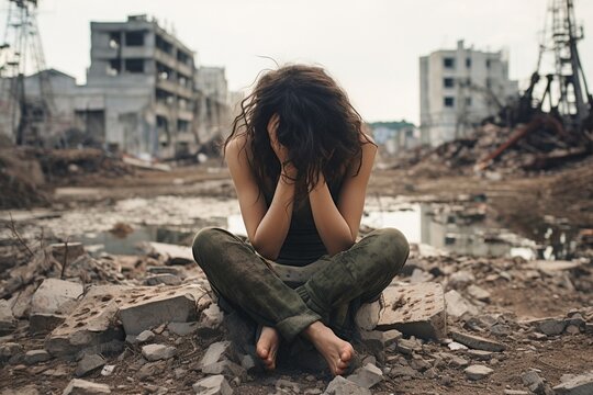 Mujer joven sumida en la tristeza en un entorno de destrucción urbana, capturando un momento de desesperanza