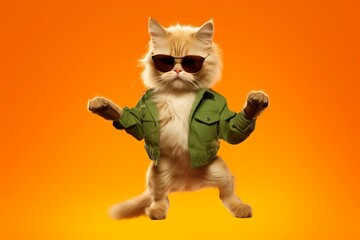 Cute Cat with sunglasses dancing isolated on orange background. Generative AI