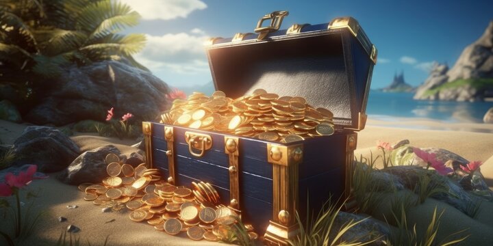 Treasure chest on the island background, The treasure chest is full of gold coins. Generative AI