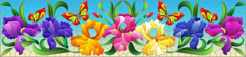 An illustration in the style of a stained glass window with a composition of iris flowers and butterflies on a blue background