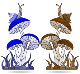 A set of illustrations in the style of stained glass with snails on mushrooms, isolated on a white background, tone blue and brown