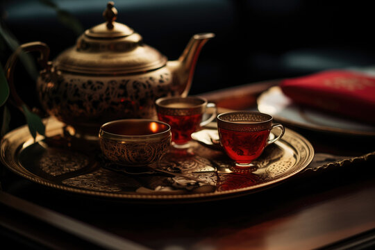 Antique Persian Tea Set Ornate Metalwork Gold Silver Traditional Elegance
