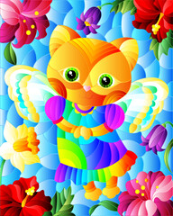Illustration in a stained glass style with an abstract fairy cat, against a background of bright flowers and a blue sky