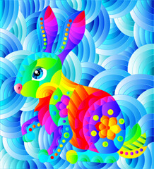 Stained glass illustration with a cute rabbit on a background of blue waves, rectangular image