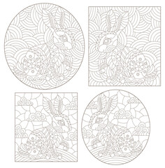 A set of contour illustrations in the style of stained glass with cute rabbits, dark contours on a white background