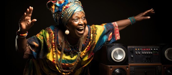 A joyful elderly black woman, wearing traditional African clothing, dances while holding an old stereo - highlighting her expression. - Powered by Adobe