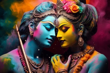 Hindu God Krishna and Radha in Holi festival concept. Generative AI
