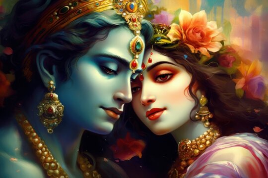 Beautiful painting of Lord Krishna and Radha, Generative AI
