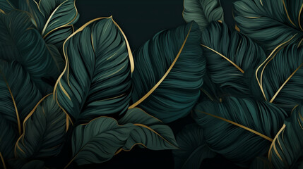 tropical leaves of dark green color with golden line elements. Botanical art poster for design of print, banner, textile, wallpaper, interior design, dark green background