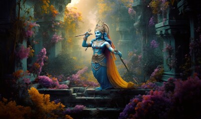 3D illustrated image of Hindu God Lord Krishna's raas leela in Vrindavan garden, India, Generative AI - obrazy, fototapety, plakaty