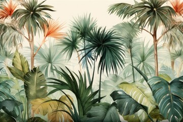 Tropical plants and palm trees, for texture background photo wallpaper. Wallpaper pattern painted in watercolour. Generative AI - obrazy, fototapety, plakaty