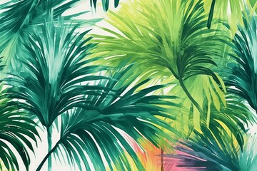 Tropical plants and palm trees, for retro texture background photo wallpaper. Green theme. Wallpaper pattern painted in watercolour, Generative AI