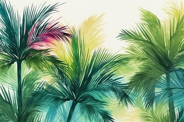 Tropical plants and palm trees, for retro texture background photo wallpaper. Green theme. Wallpaper pattern painted in watercolour, Generative AI - obrazy, fototapety, plakaty