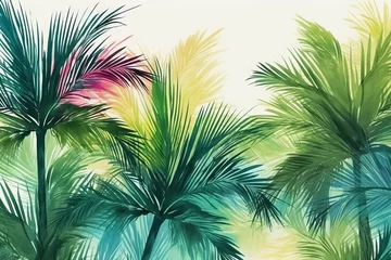 Poster Tropical plants and palm trees, for retro texture background photo wallpaper. Green theme. Wallpaper pattern painted in watercolour, Generative AI © Sameer