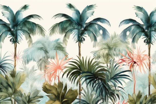 Tropical plants and palm trees, for texture background photo wallpaper. Wallpaper pattern painted in watercolour. Generative AI