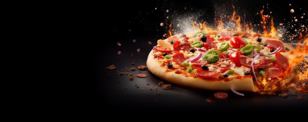Italian pizza with cheese, veggies, fresh salad leaves and salami exploding in air. Creative food advertising concept, horizontal banner. Generative AI - obrazy, fototapety, plakaty