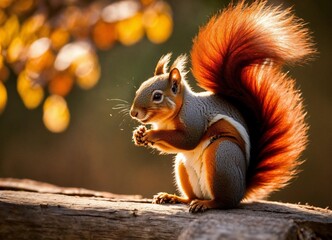 a cute squirrel with a red bushy tail - obrazy, fototapety, plakaty
