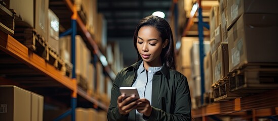 Asian woman manages inventory for cargo, logistics, and supply chain by using an online app to text colleagues and check delivery checklist.