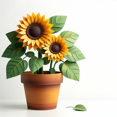 Obraz premium Potted sunflower paper craft design element isolated on white background