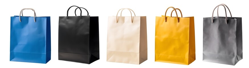 Collection set of colour eco friendly recyclable side view blank shopping paper bag on transparent background cutout, PNG file. Mockup template for artwork graphic design. blue black beige yellow grey - Powered by Adobe