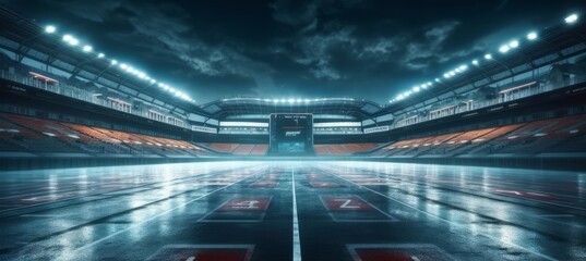 Asphalt racing track finis race sport stadium at night. Professional digital 3d illustration of racing sports. Generative AI