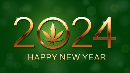 Happy New Year 2024. New Year background with marijuana leaf. Vector illustration