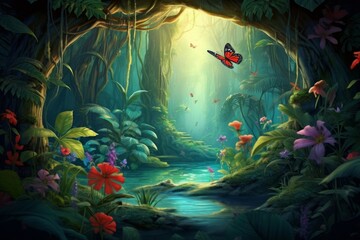 A beautiful fairy tale enchanted forest with big trees, tropical vegetation and many colorful insects, Generative AI