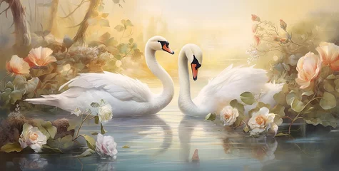 Keuken foto achterwand Dreamlike Serenity: Graceful Swans Amidst Pond Plants, Captured in the Ethereal Beauty of Watercolors, Creating a Sublime, Artistic, and Harmonious Scene of Nature's Tranquility. © hisilly
