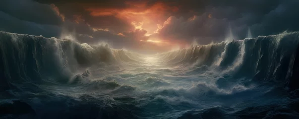 Poster Ocean opening in biblical event of Moses. Opening of the Red Sea. 3D Illustration Rendering. Generative AI © Preeti