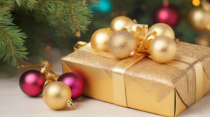 Fototapeta na wymiar Christmas gift box with balls