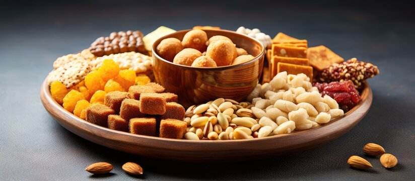 Indian festival food snack sweet for winter folk festivals in Punjab and Tamil Nadu, including Lohri, Makar Sankranti, Pongal, and Diwali, containing til chikki, peanut chikki, murmura ladoo, laddu