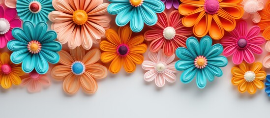 Colorful flowers made from paper coils.