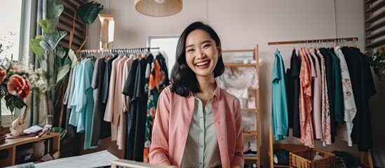 Female Gen Z Asia vlogger records video selfies to sell and promote products online for her retail store, from the comfort of her tailor studio at home.