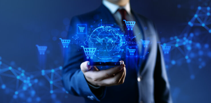 Add To Cart Internet Web Store Buy Online E-Commerce Retail concept. Globe Earth Hologram. Worldwide Business Internet Concept - Powered by Adobe