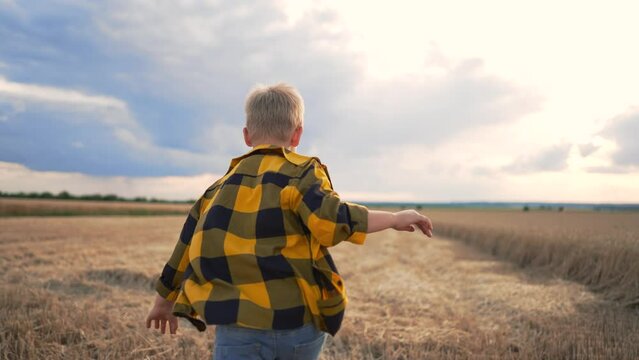 Happy boy runs on mowed yellow wheat against blue sky. child enjoys happy freedom, dream. Countryside. boy runs through wheat. Wheat harvest field. concept of freedom, dreams