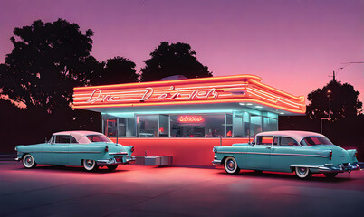 Vintage USA vibes: 60s outdoor dinner, neon signs, and cars