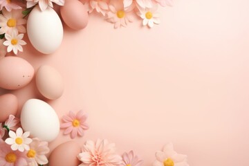 Fototapeta na wymiar Easter eggs, flowers, on pastel peach fuzz background. Flat lay, top view, copy space.