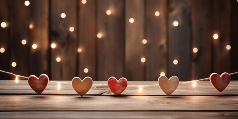 Wooden table on rustic wall background with heart-shaped garland.