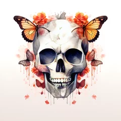 Fototapete Aquarellschädel Human skull with butterflies. Watercolor for Halloween, gothic style tattoo, Watercolor Clip art, Watercolor Sublimation Design, Human skull with butterfly watercolor illustration