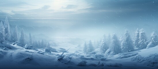 A blizzard covers a snowy scene in freezing frost. - obrazy, fototapety, plakaty
