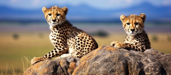 Cheetahs observing prey in Serengeti, Tanzania. - obrazy, fototapety, plakaty