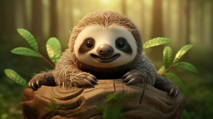 Cute little 3D sloth - obrazy, fototapety, plakaty