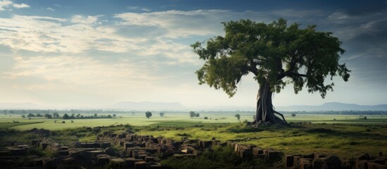 Enormous tree overlooks cemetery near rice fields.