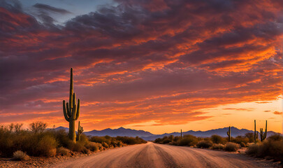 Fototapeta premium Wild West journey: Dusty road winds through arid land