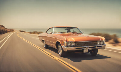 Fototapeta na wymiar California dream: Sunset vibes with a classic 70s car