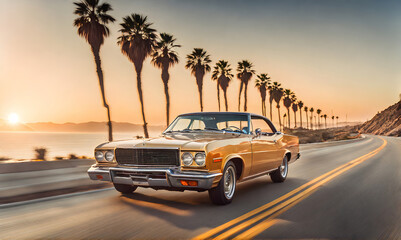 California dream: Sunset vibes with a classic 70s car - obrazy, fototapety, plakaty